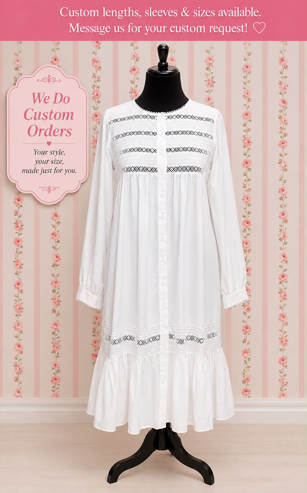 SoieRose 100% White Cotton  Long Sleeves Victorian Nightgown - SR-1022