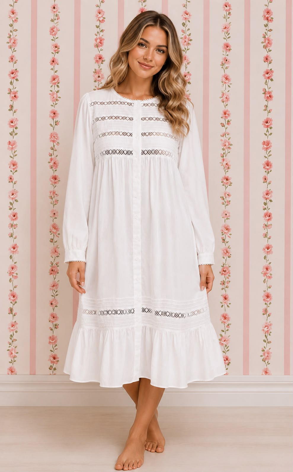 SoieRose 100% White Cotton  Long Sleeves Victorian Nightgown - SR-1022