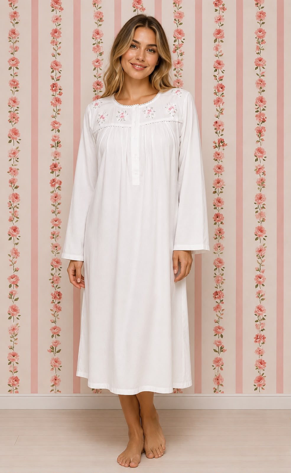 SoieRose 100% White Cotton Long Sleeves Victorian Nightgown with Embroidery - SR-1023