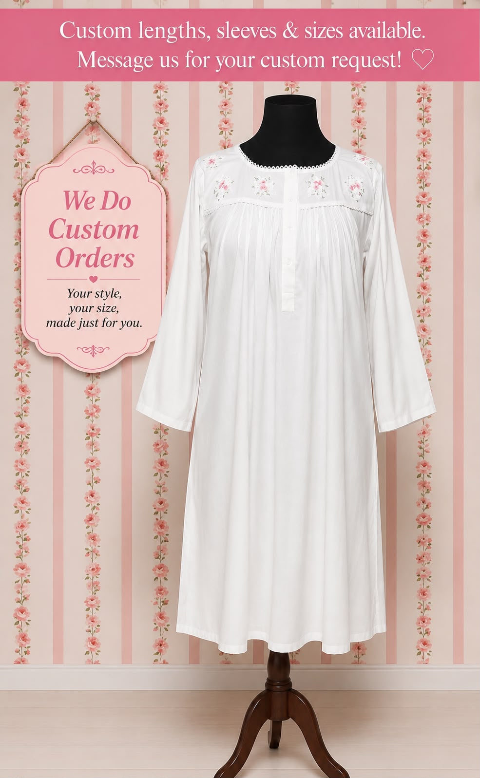 SoieRose 100% White Cotton Long Sleeves Victorian Nightgown with Embroidery - SR-1023