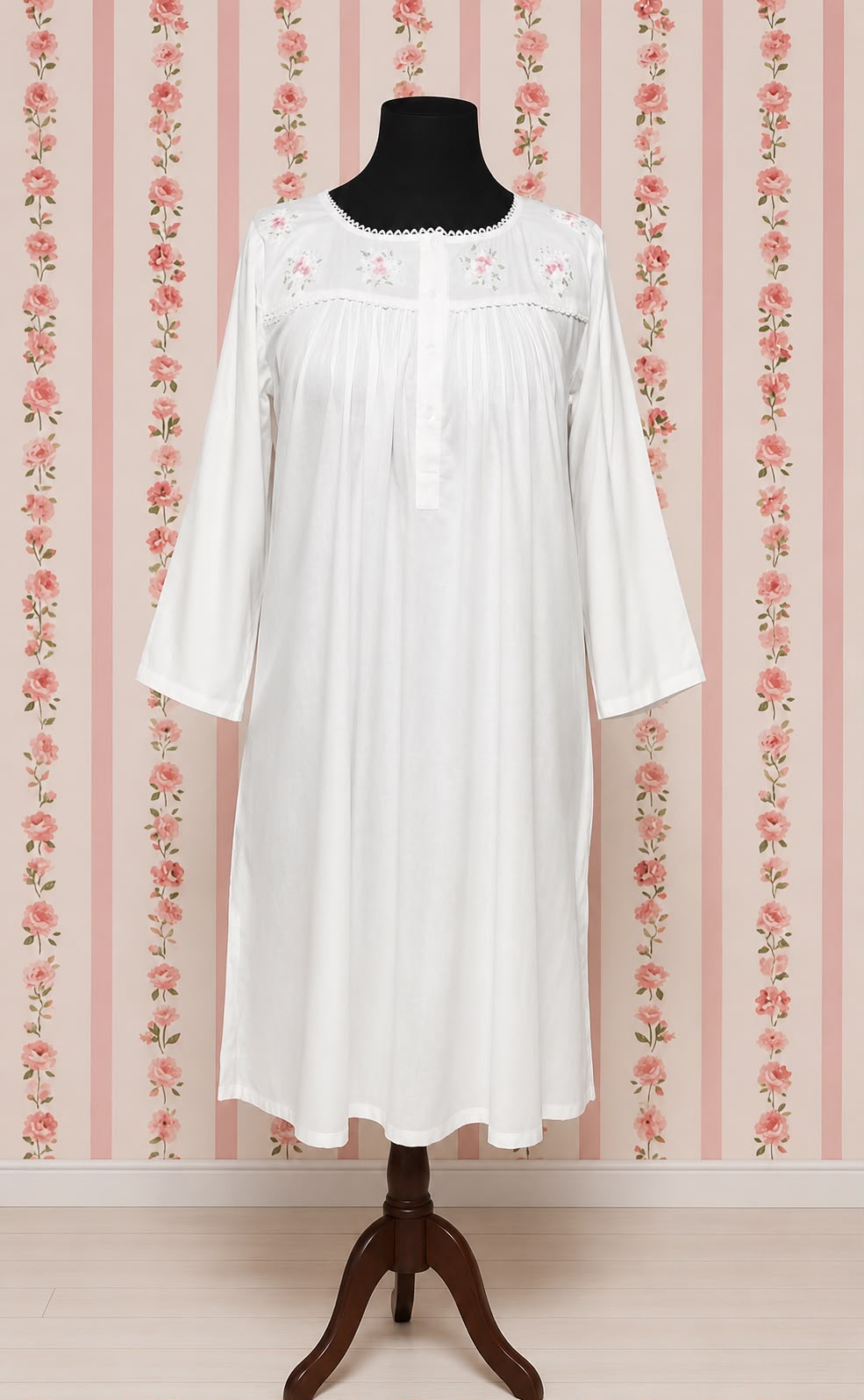 SoieRose 100% White Cotton Long Sleeves Victorian Nightgown with Embroidery - SR-1023