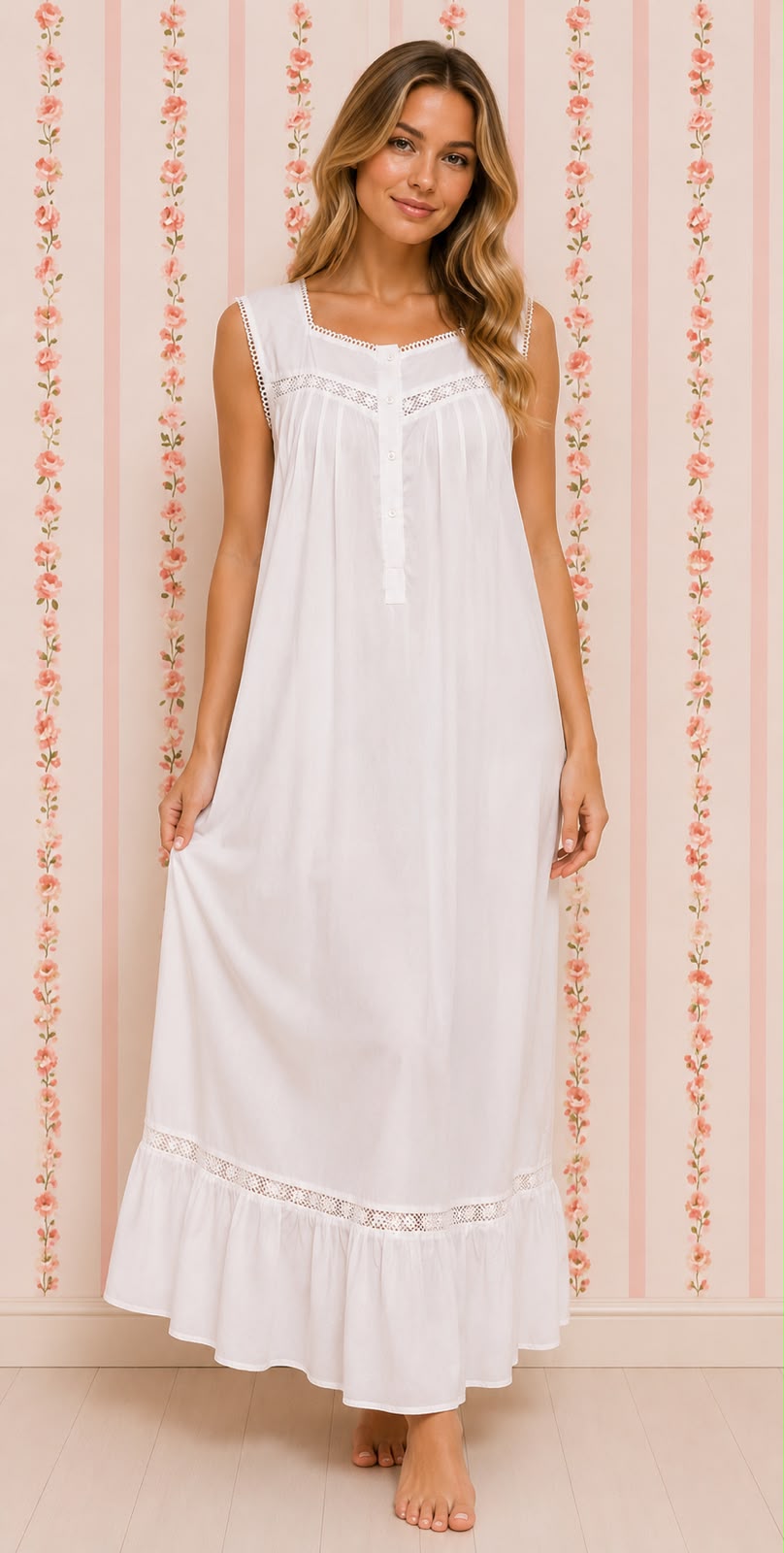 SoieRose 100% White Cotton Sleeveless Victorian Nightgown - SR-1024