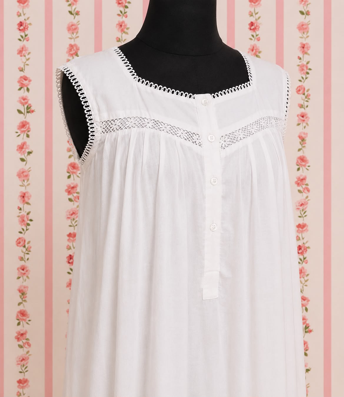 SoieRose 100% White Cotton Sleeveless Victorian Nightgown - SR-1024