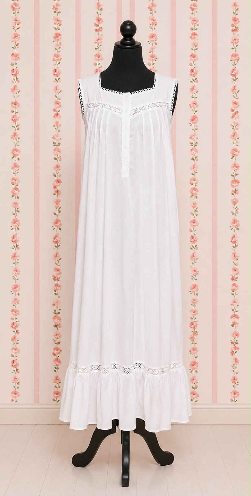 SoieRose 100% White Cotton Sleeveless Victorian Nightgown - SR-1024