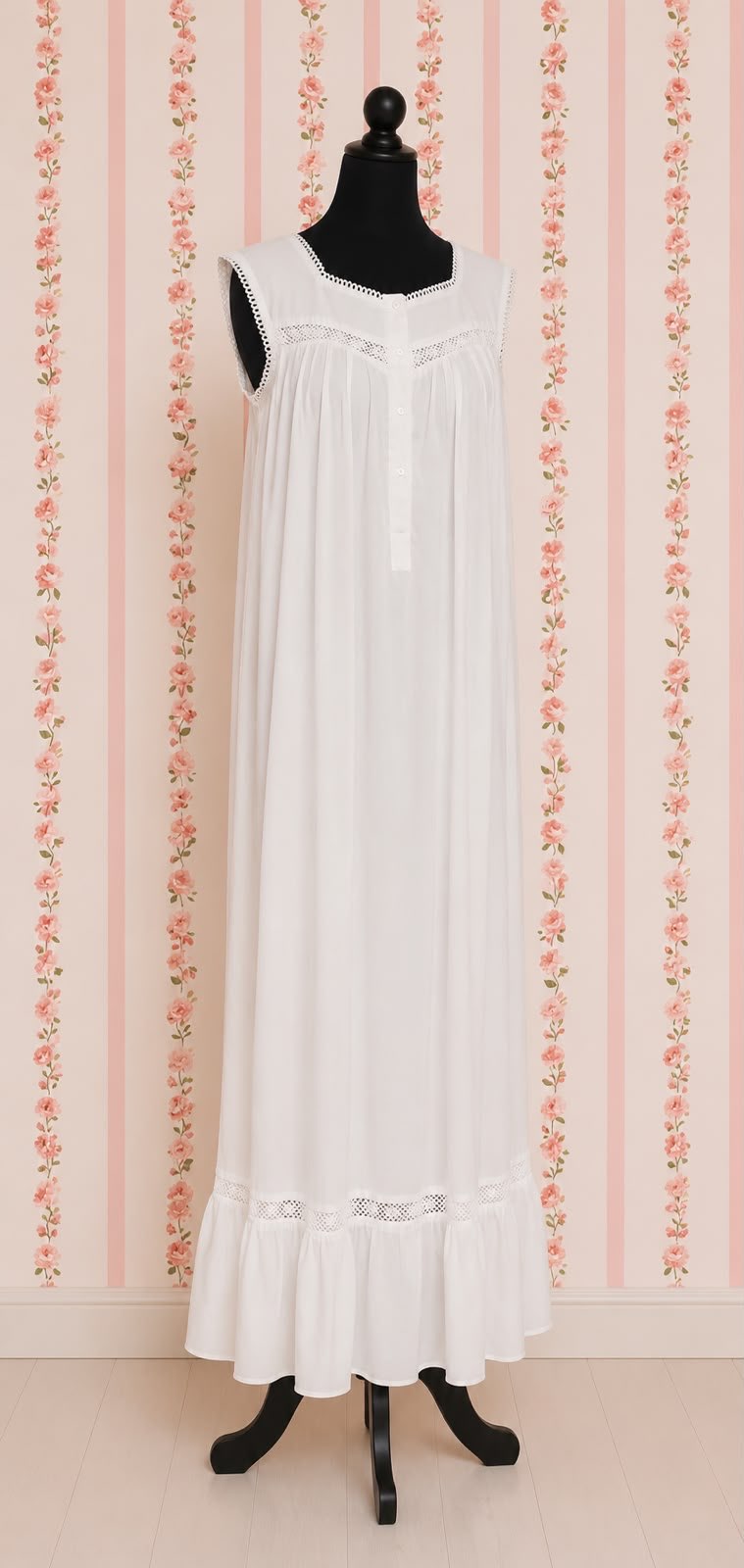 SoieRose 100% White Cotton Sleeveless Victorian Nightgown - SR-1024