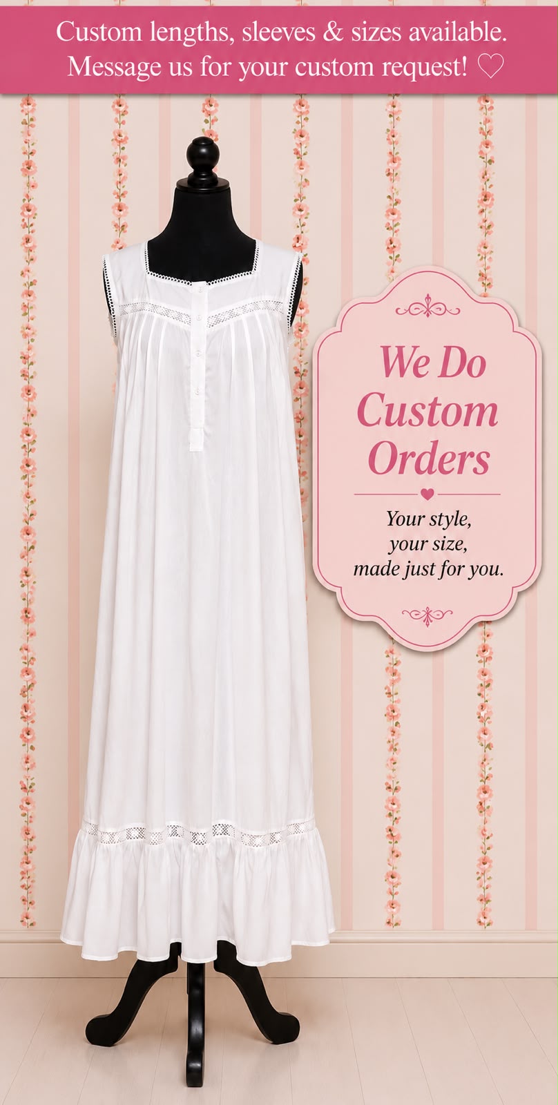 SoieRose 100% White Cotton Sleeveless Victorian Nightgown - SR-1024