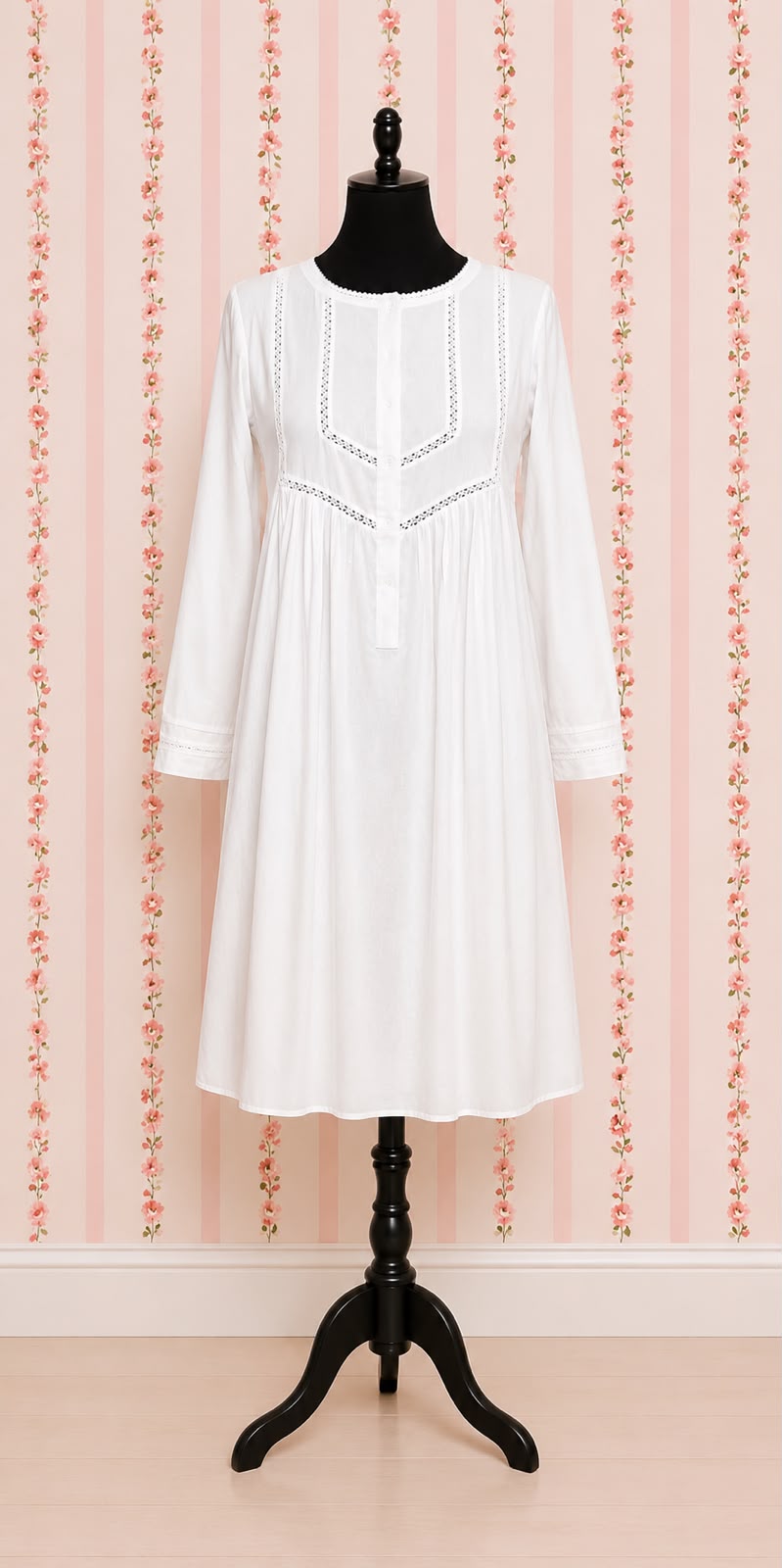 SoieRose 100% White Cotton Lace Trim Victorian Nightgown - SR-1025