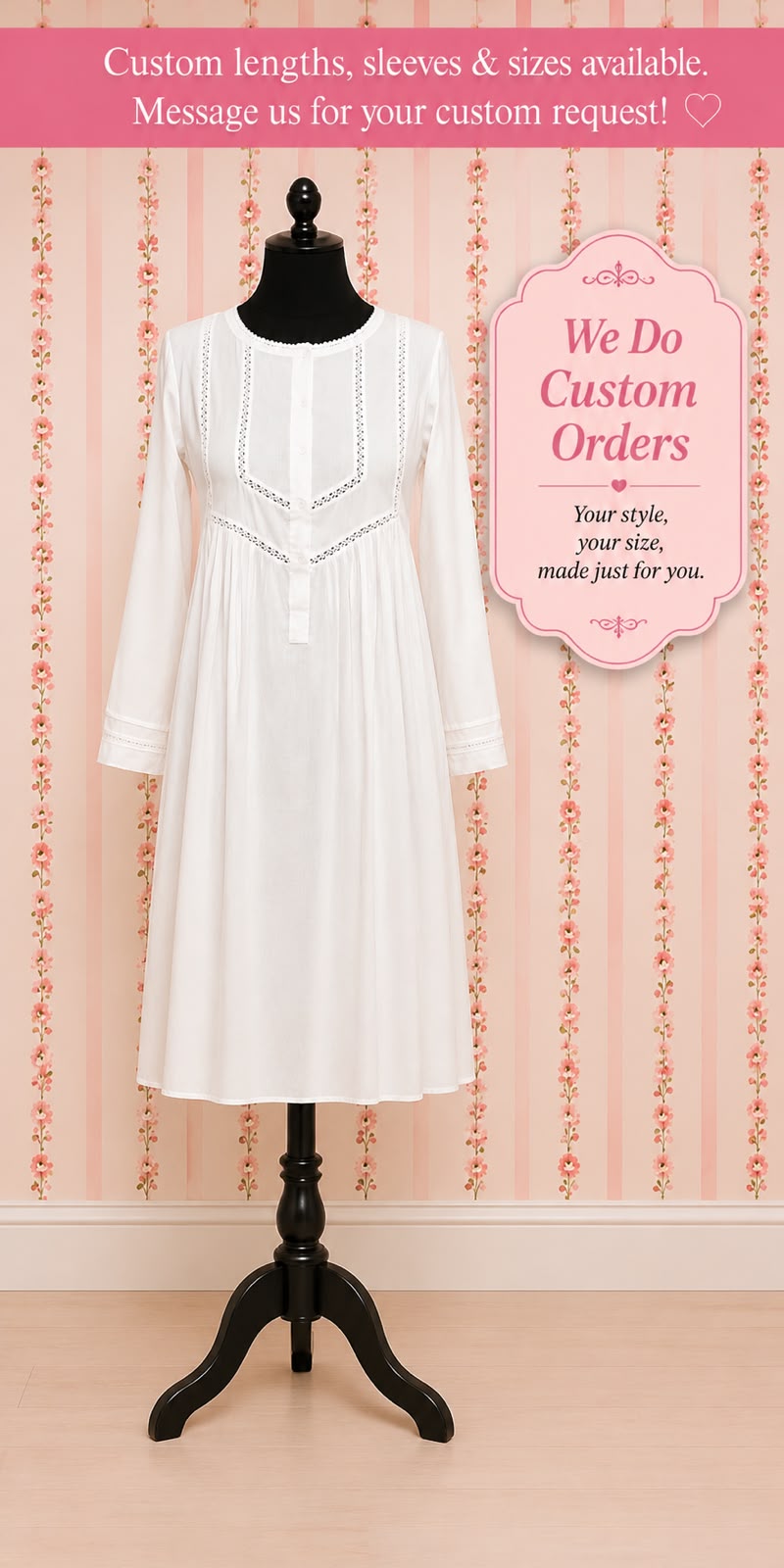 SoieRose 100% White Cotton Lace Trim Victorian Nightgown - SR-1025