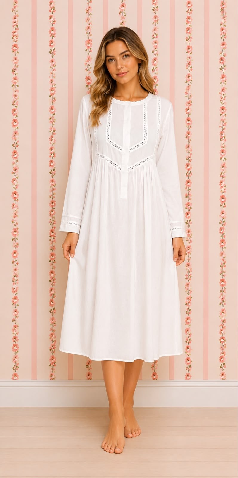 SoieRose 100% White Cotton Lace Trim Victorian Nightgown - SR-1025