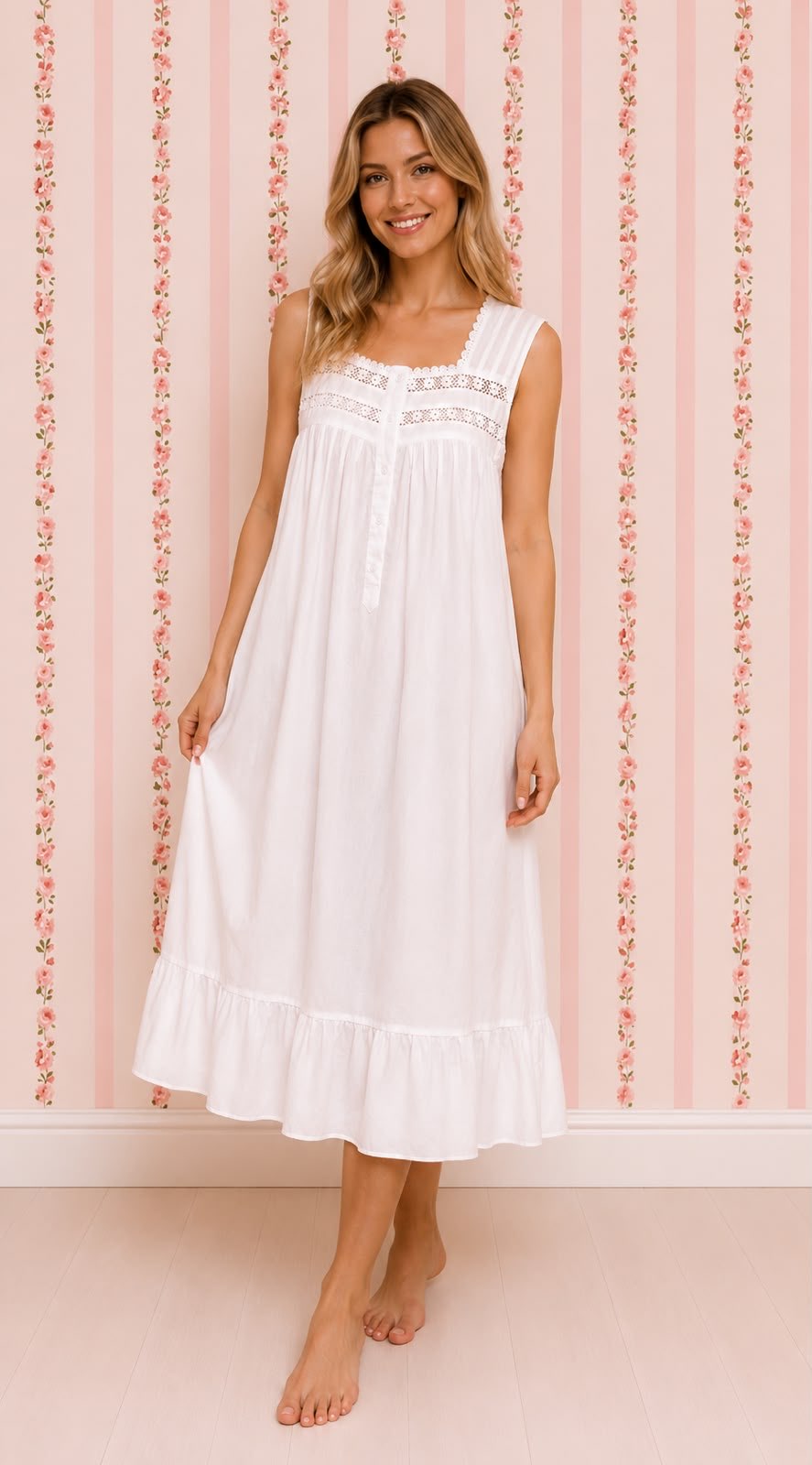 Victorian Elegance Sleeveless Nightgown with Lace Trim by SoieRose - SR1026