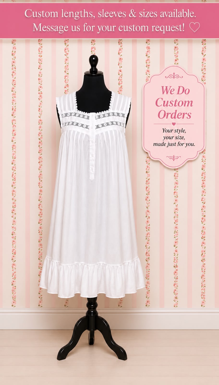 Victorian Elegance Sleeveless Nightgown with Lace Trim by SoieRose - SR1026