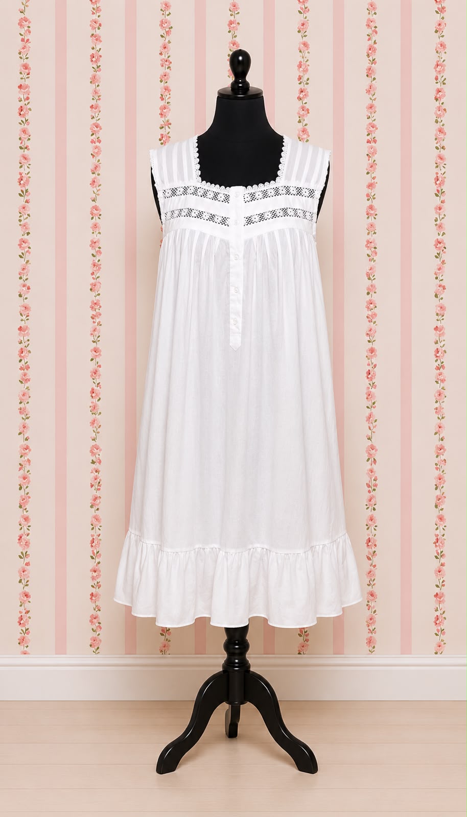 Victorian Elegance Sleeveless Nightgown with Lace Trim by SoieRose - SR1026