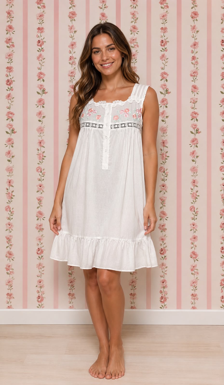 White Victorian Sleeveless Nightgown with Subtle Embroidery and Lace by SoieRose - SR-1027