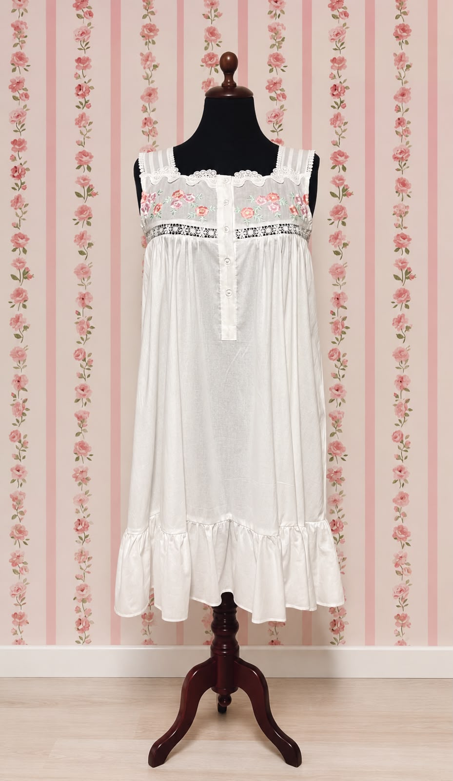 White Victorian Sleeveless Nightgown with Subtle Embroidery and Lace by SoieRose - SR-1027