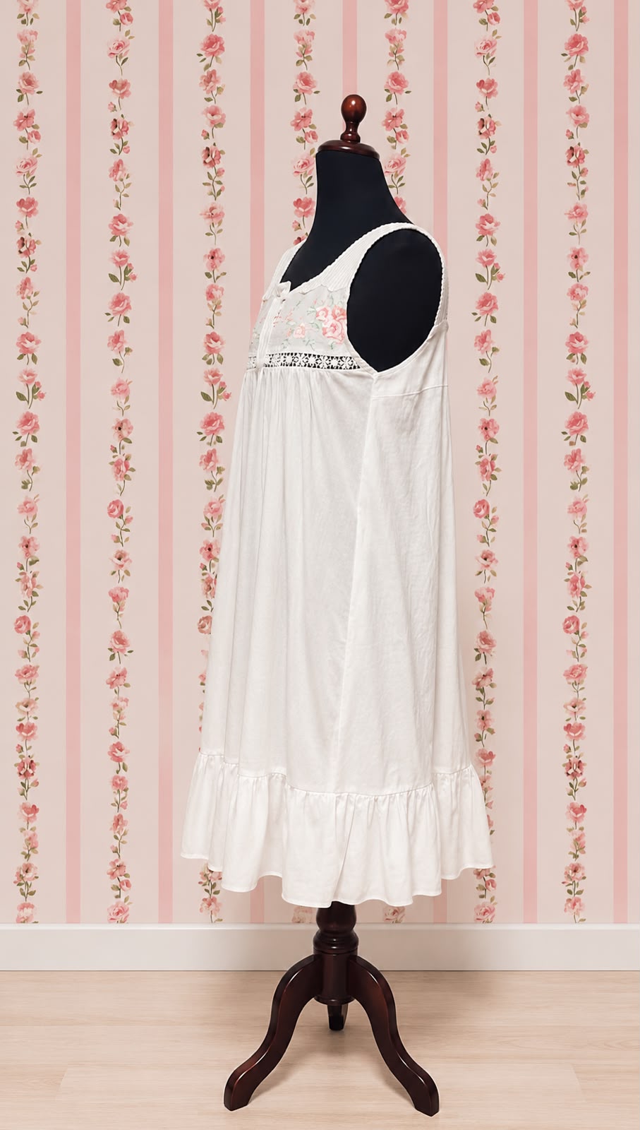 White Victorian Sleeveless Nightgown with Subtle Embroidery and Lace by SoieRose - SR-1027