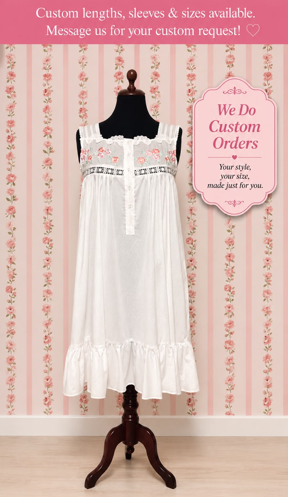 White Victorian Sleeveless Nightgown with Subtle Embroidery and Lace by SoieRose - SR-1027