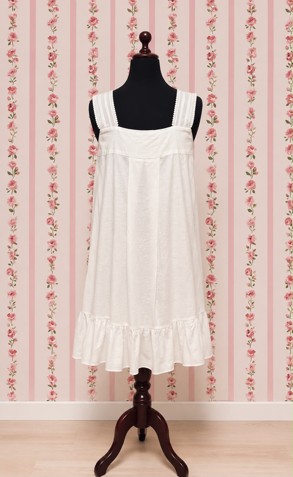 White Victorian Sleeveless Nightgown with Subtle Embroidery and Lace by SoieRose - SR-1027