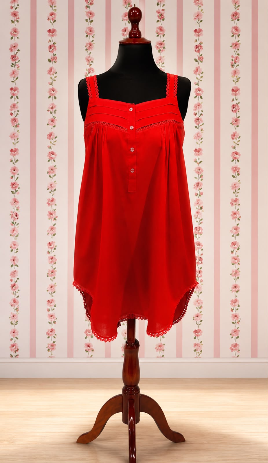 SoieRose Victorian Sleeveless Nightgown in Red - 100% Cotton - SR-1035