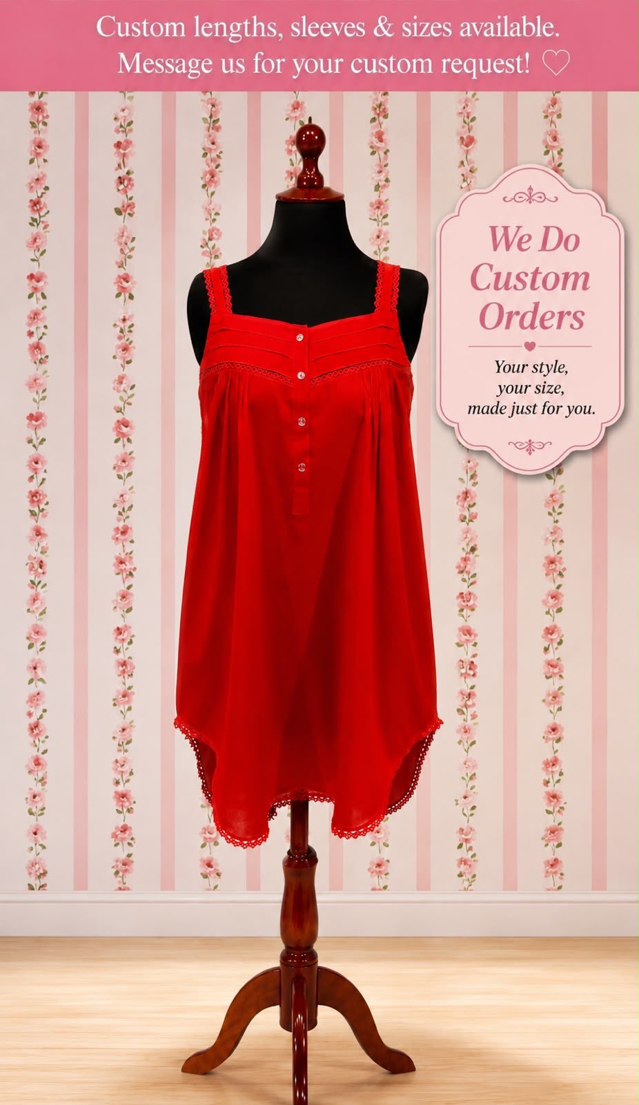 SoieRose Victorian Sleeveless Nightgown in Red - 100% Cotton - SR-1035