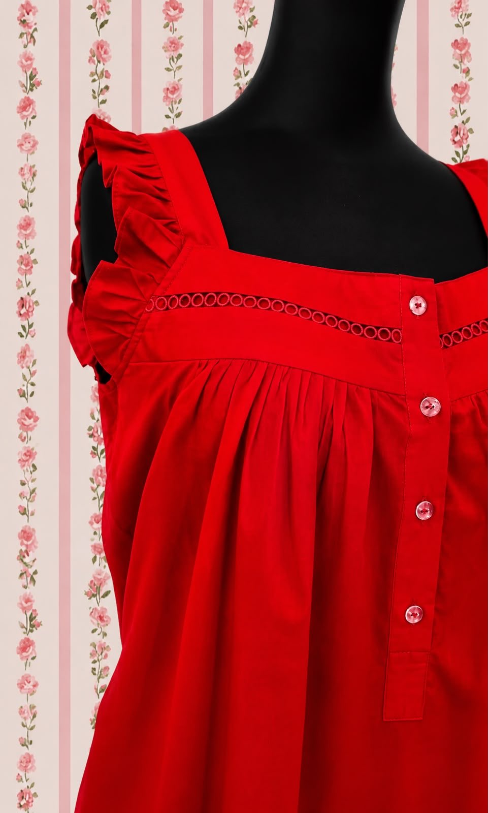 SoieRose Vintage Victorian-Style Red 100% Cotton Nightgown with Intricate Lace-SR1036