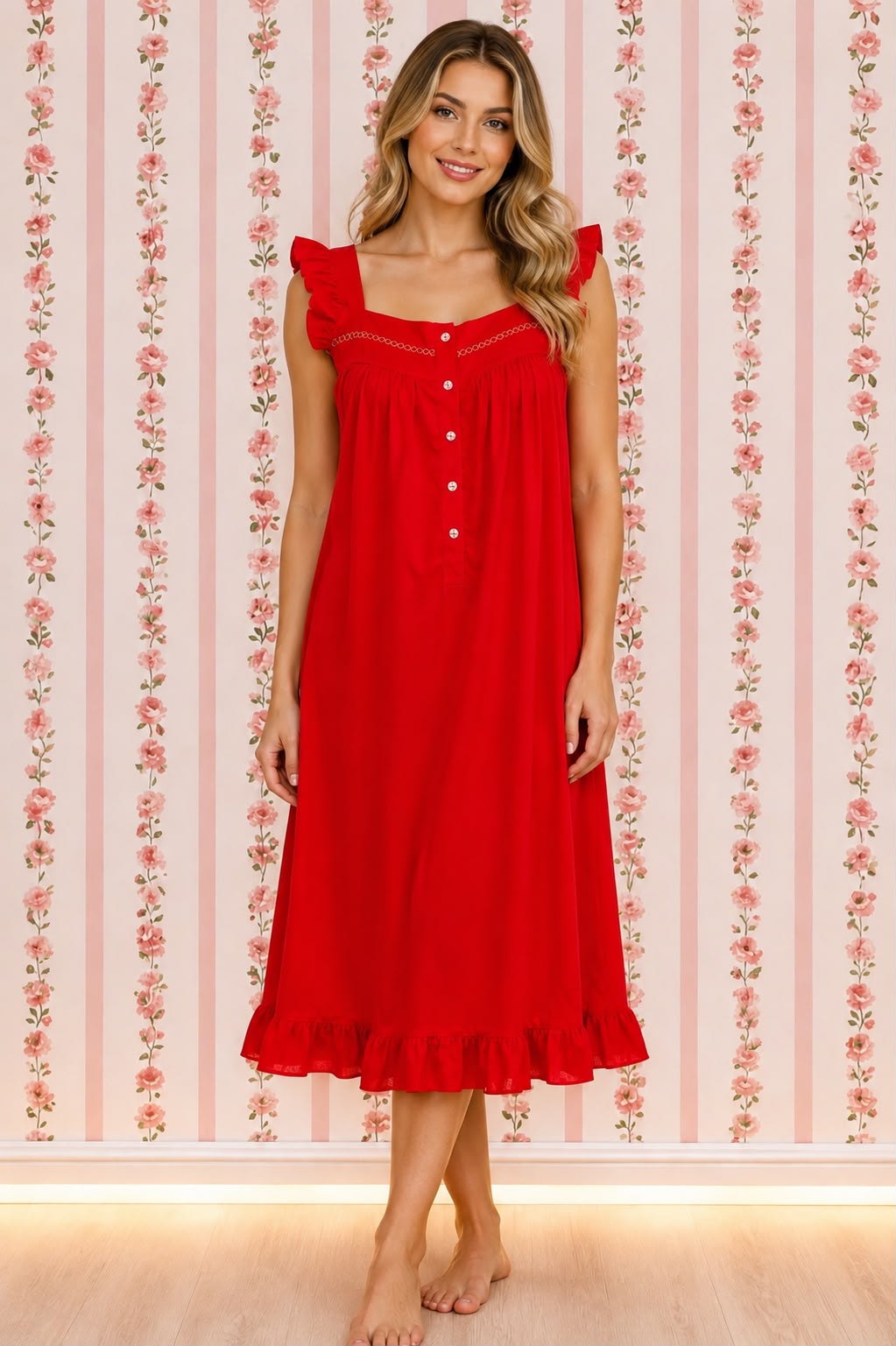 SoieRose Vintage Victorian-Style Red 100% Cotton Nightgown with Intricate Lace-SR1036