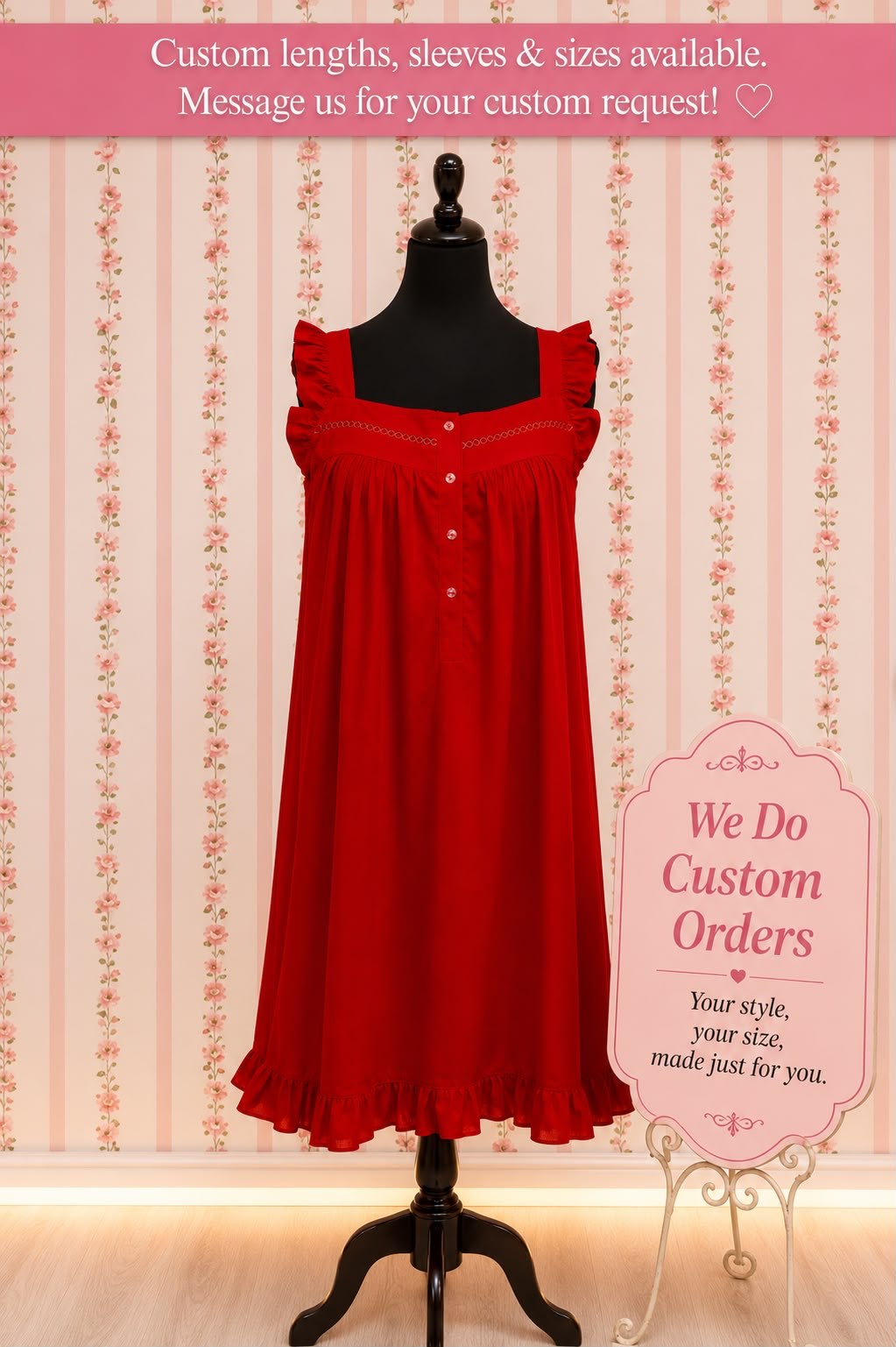 SoieRose Vintage Victorian-Style Red 100% Cotton Nightgown with Intricate Lace-SR1036