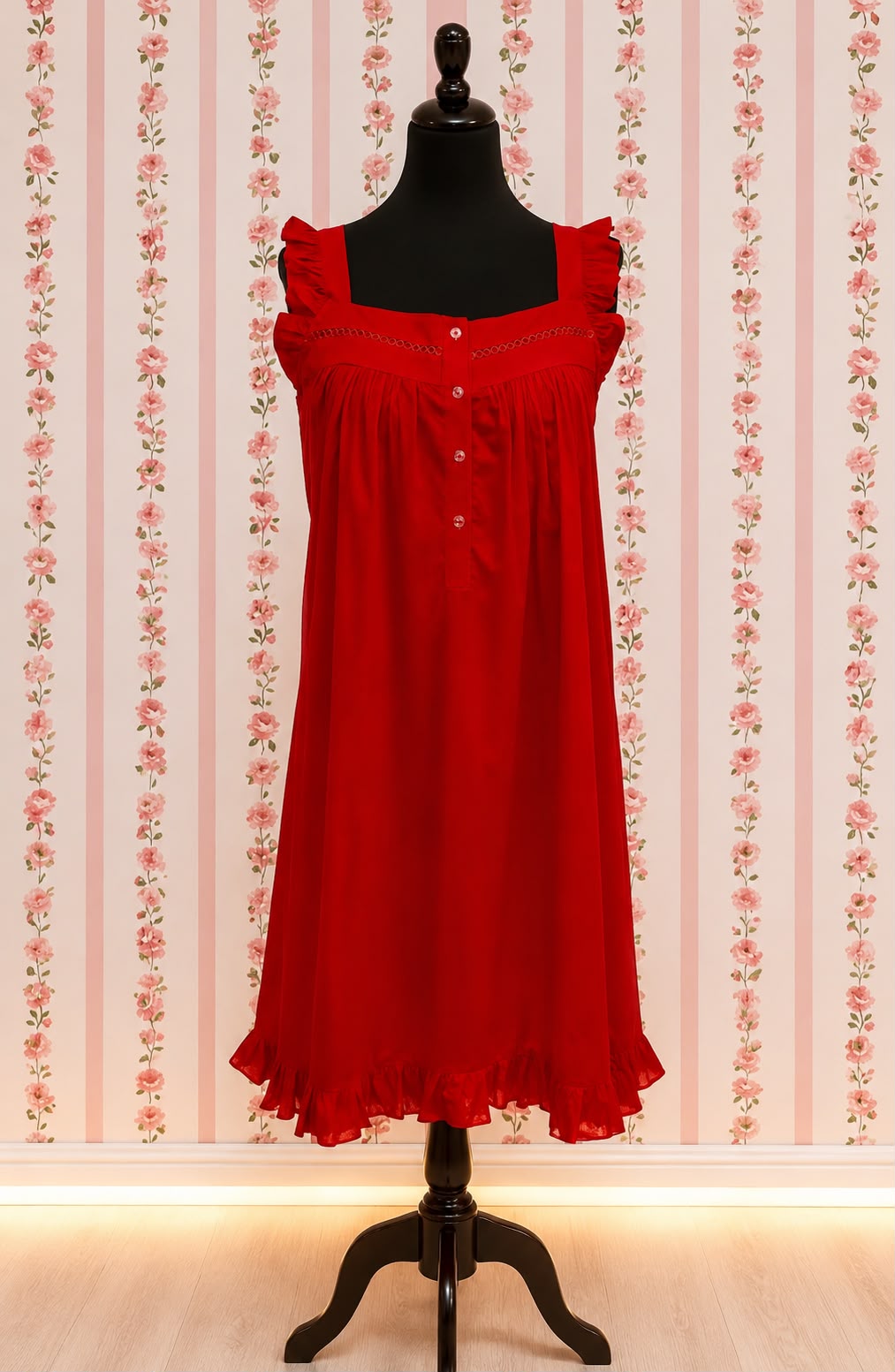 SoieRose Vintage Victorian-Style Red 100% Cotton Nightgown with Intricate Lace-SR1036
