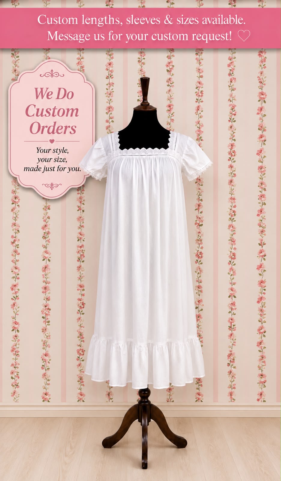 SoieRose Two-Tone 100% Cotton White Victorian Nightgown with Intricate Lace - SR1038