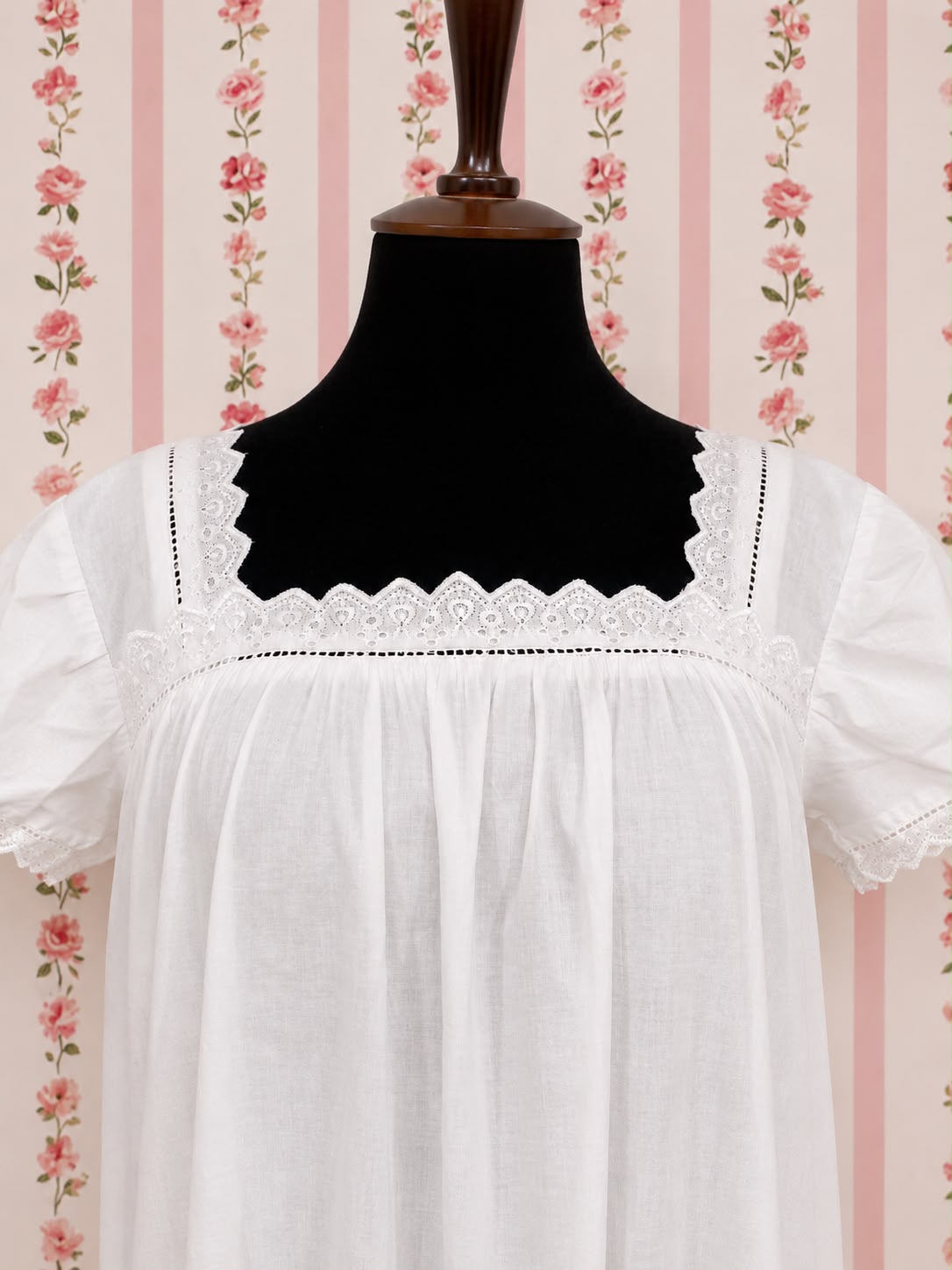 SoieRose Two-Tone 100% Cotton White Victorian Nightgown with Intricate Lace - SR1038
