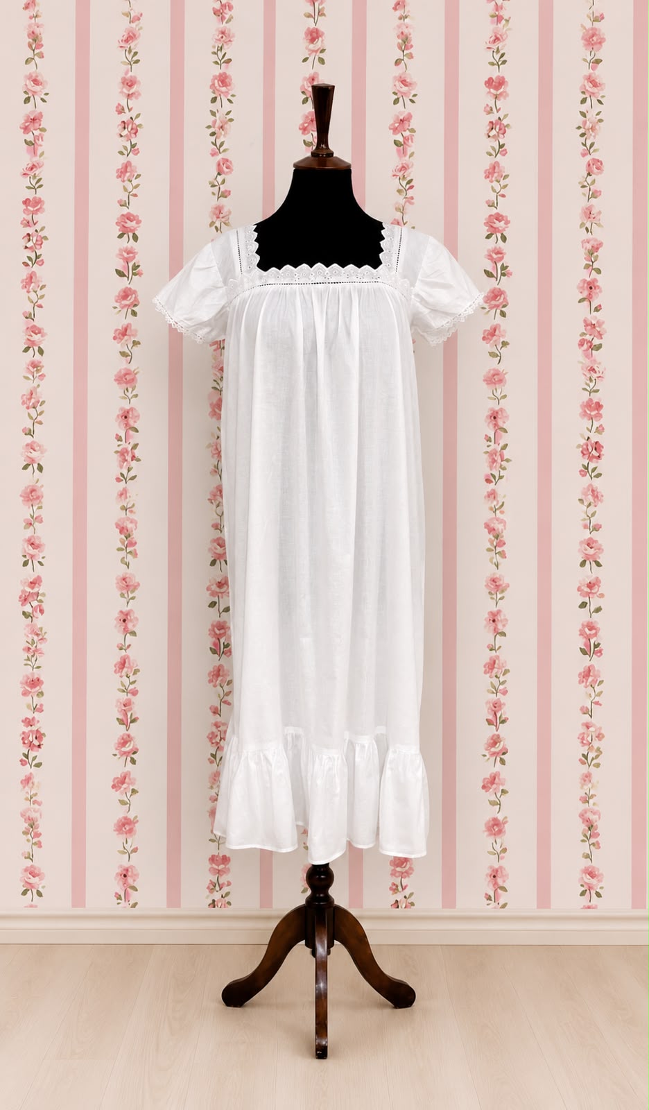 SoieRose Two-Tone 100% Cotton White Victorian Nightgown with Intricate Lace - SR1038