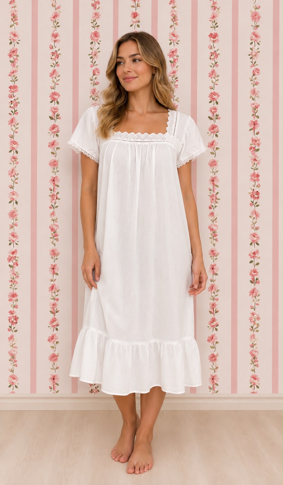 SoieRose Two-Tone 100% Cotton White Victorian Nightgown with Intricate Lace - SR1038