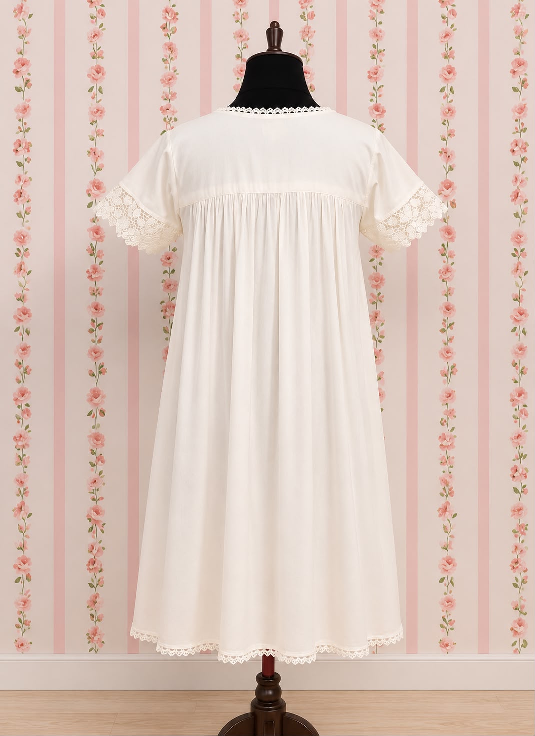 SoieRose Two-Tone 100% Cotton White Victorian Nightgown with Intricate Lace - SR1038