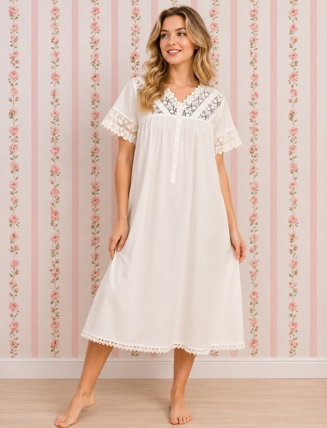 SoieRose Victorian Ivory Nightgown with Intricate Lace – 100% Cotton Sleepwear - SR-1039