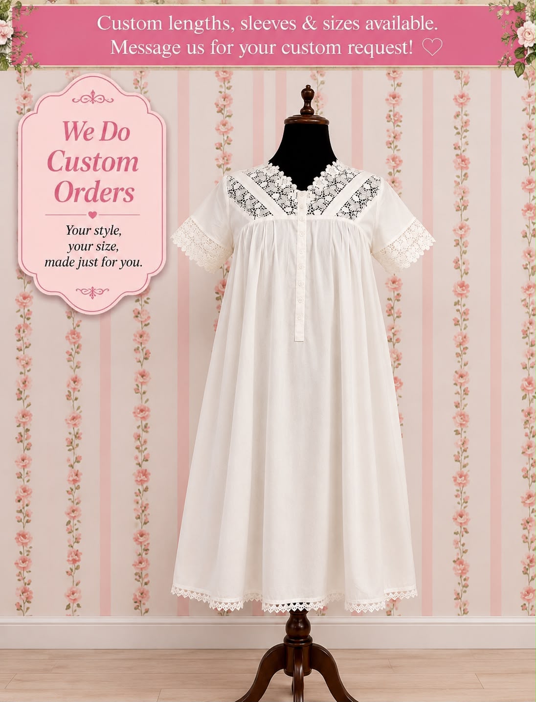 SoieRose Victorian Ivory Nightgown with Intricate Lace – 100% Cotton Sleepwear - SR-1039