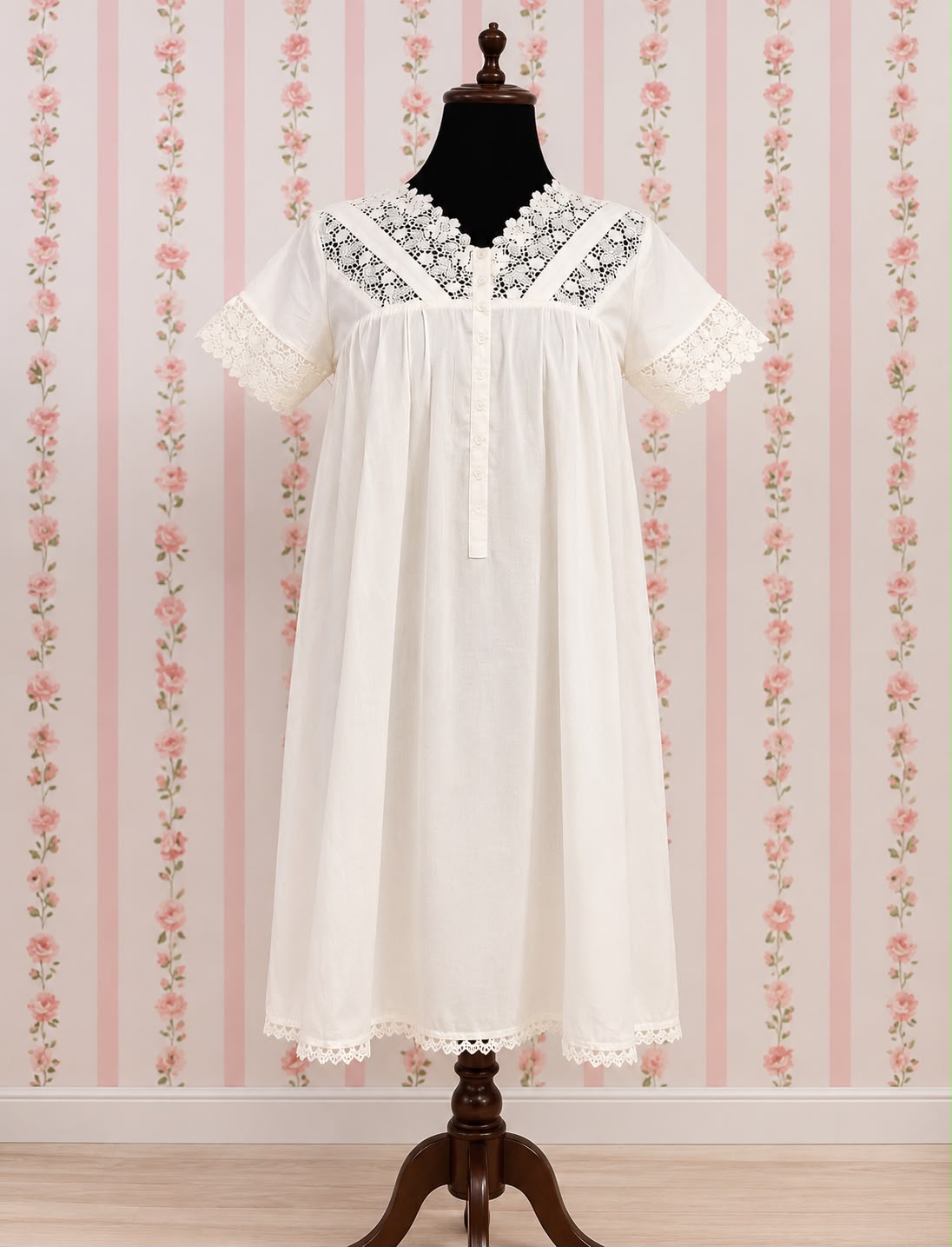 SoieRose Victorian Ivory Nightgown with Intricate Lace – 100% Cotton Sleepwear - SR-1039