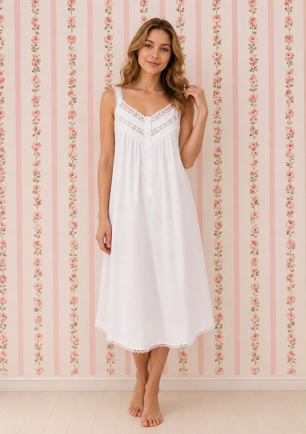SoieRose 100% Cotton Two Tone White Elegant Lace Trimmed Nightgown - SR-1047