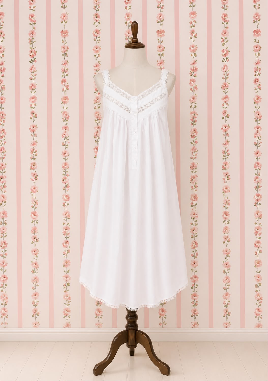 SoieRose 100% Cotton Two Tone White Elegant Lace Trimmed Nightgown - SR-1047