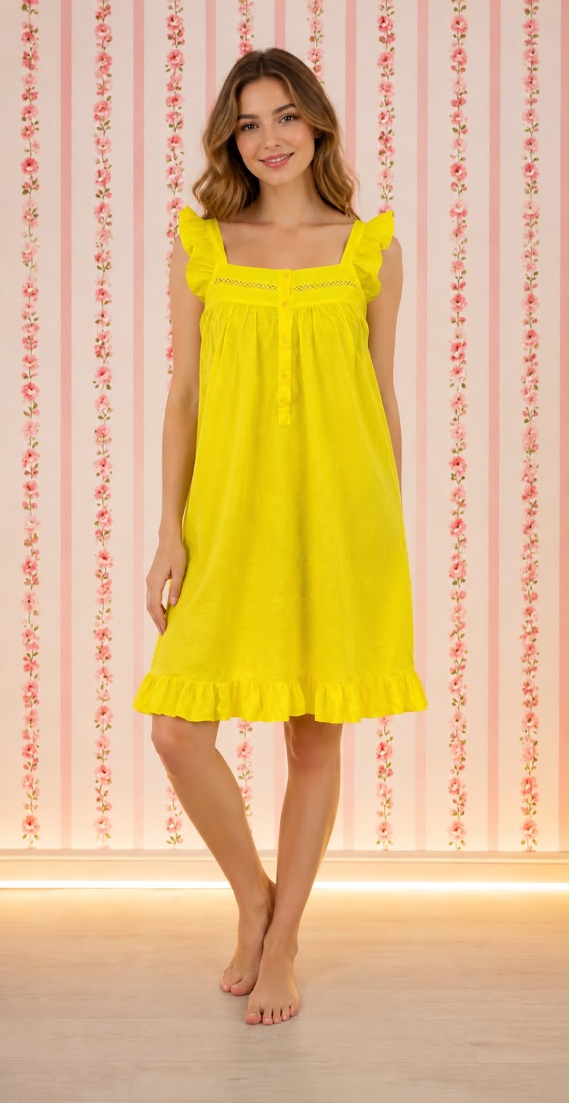 SoieRose 100% Cotton Victorian Nightgown - Canary Yellow - SR-1069