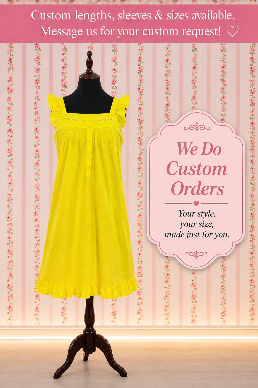 SoieRose 100% Cotton Victorian Nightgown - Canary Yellow - SR-1069