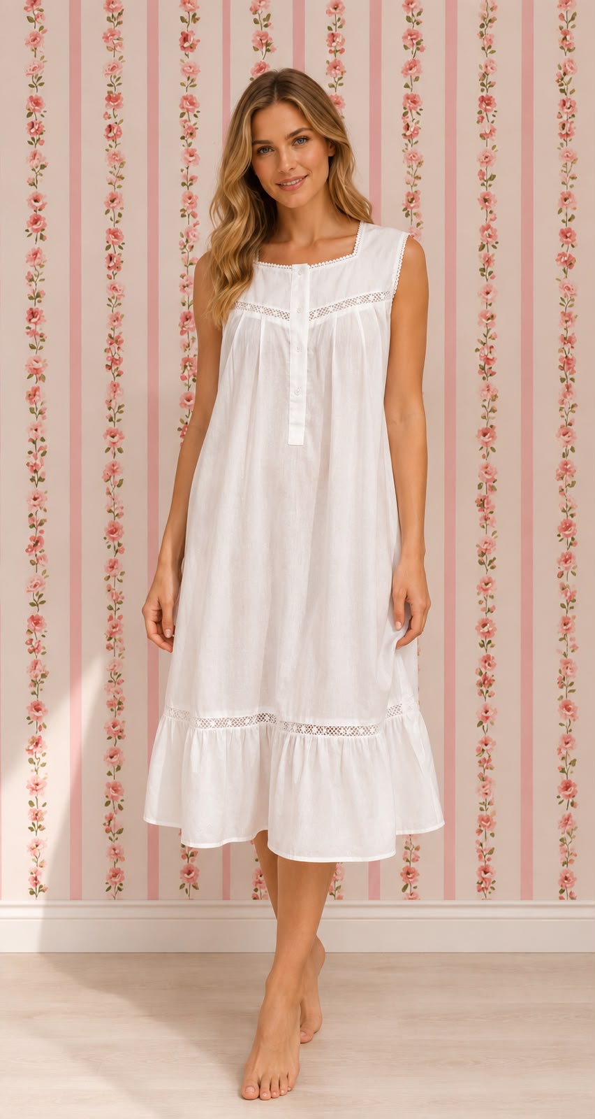 SoieRose Sleeveless 100% Cotton Short Victorian Nightgown with Lace Trims - White SR-1071