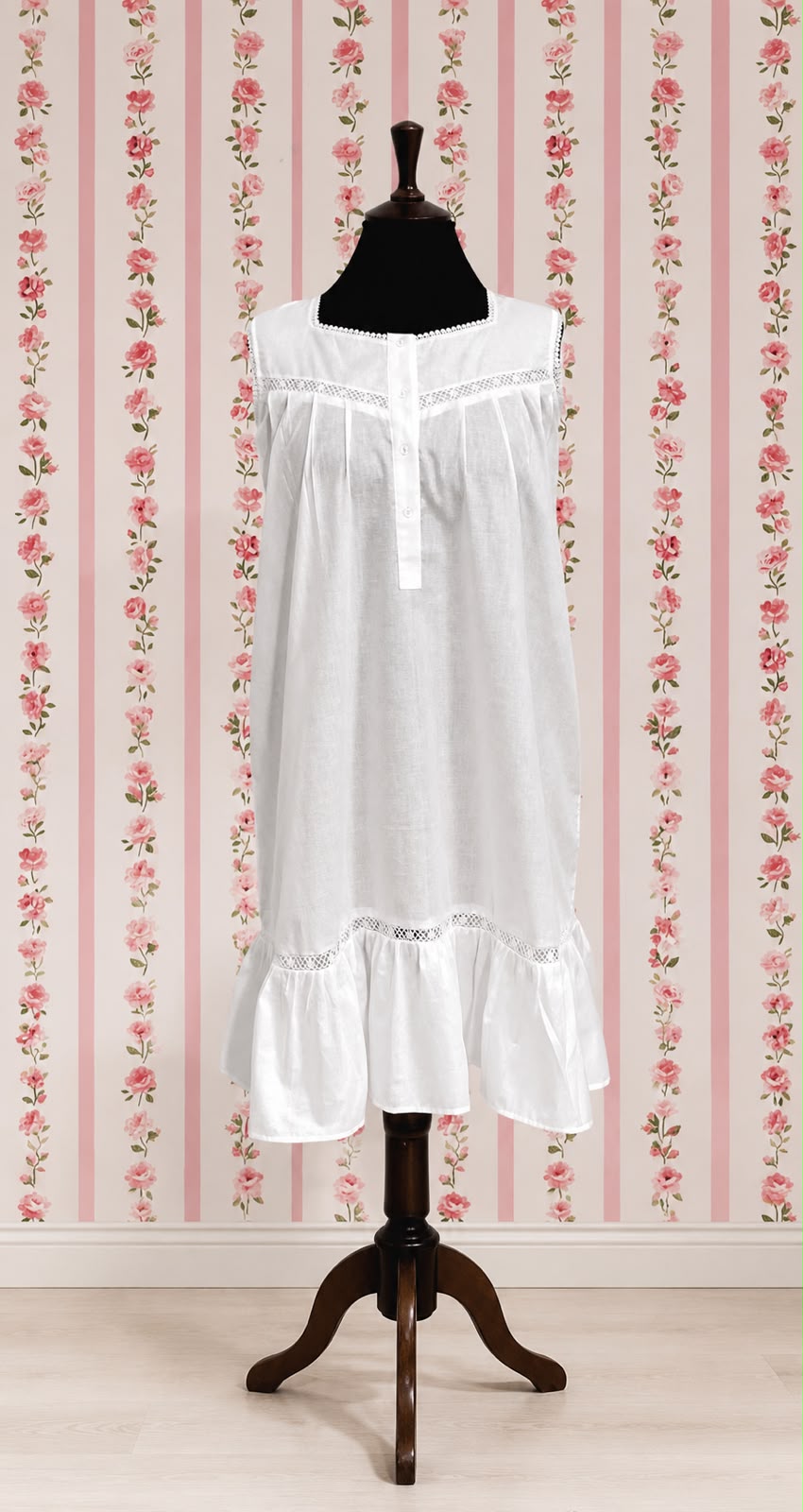 SoieRose Sleeveless 100% Cotton Short Victorian Nightgown with Lace Trims - White SR-1071