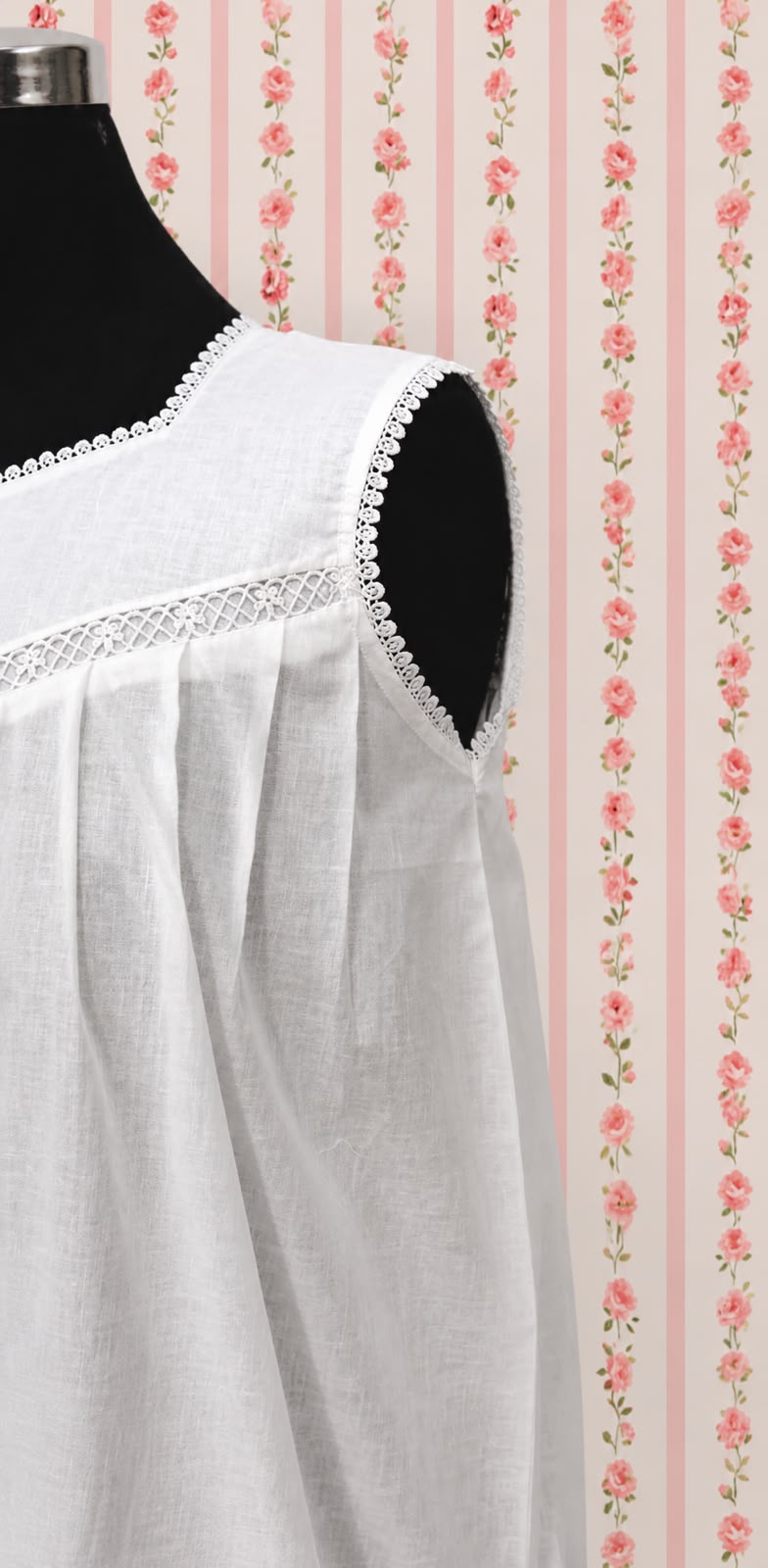 SoieRose Sleeveless 100% Cotton Short Victorian Nightgown with Lace Trims - White SR-1071