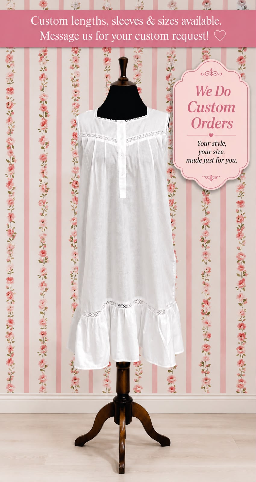 SoieRose Sleeveless 100% Cotton Short Victorian Nightgown with Lace Trims - White SR-1071