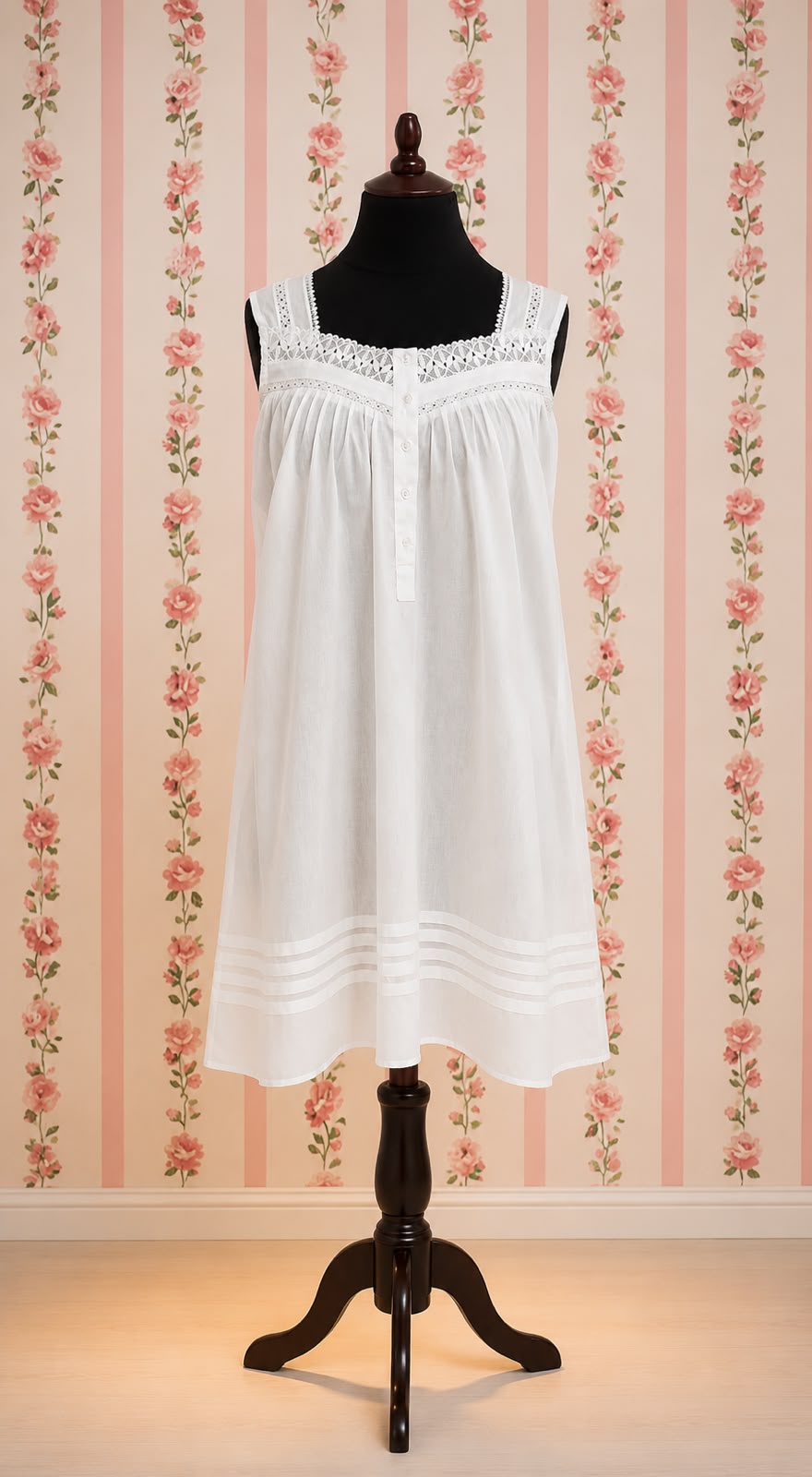 SoieRose Victorian Sleeveless 100% Cotton Nightgown with Lace Trim - SR-1082