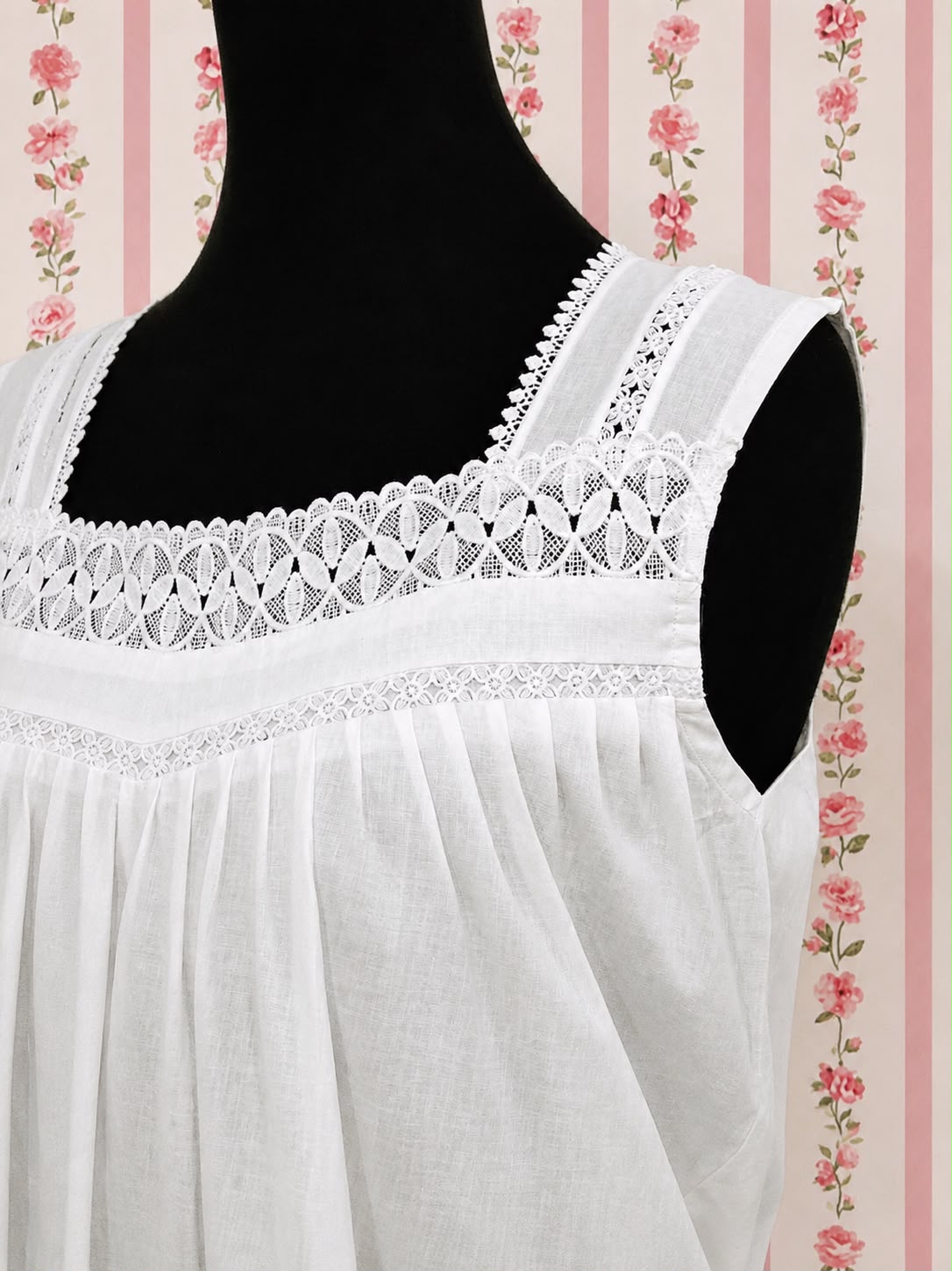 SoieRose Victorian Sleeveless 100% Cotton Nightgown with Lace Trim - SR-1082