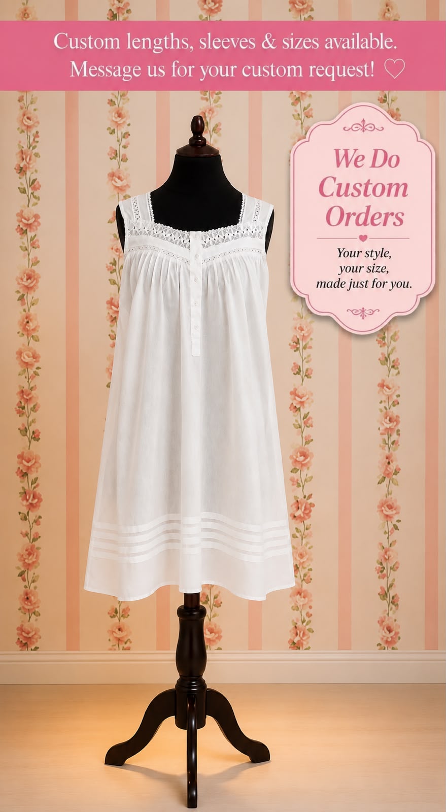 SoieRose Victorian Sleeveless 100% Cotton Nightgown with Lace Trim - SR-1082