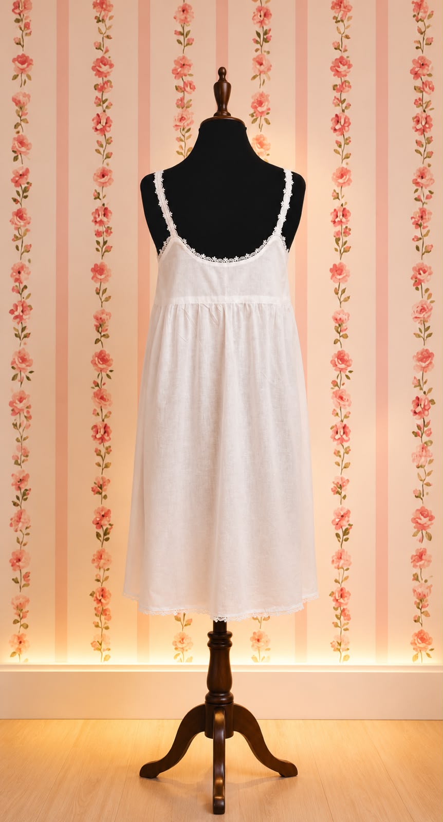 SoieRose Victorian Sleeveless Cotton Nightgown with Lace Trim & Spaghetti Straps - SR-1083