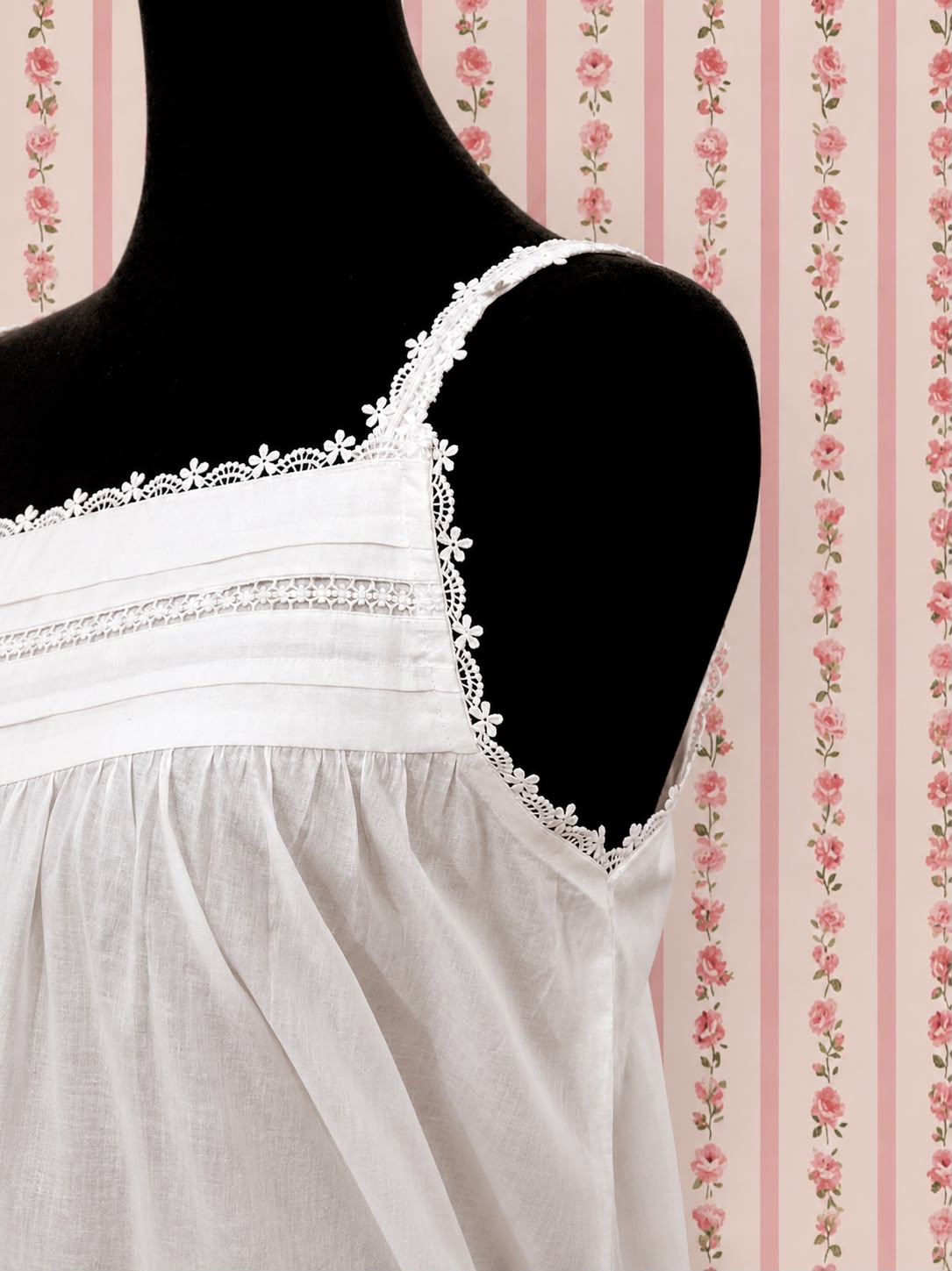 SoieRose Victorian Sleeveless Cotton Nightgown with Lace Trim & Spaghetti Straps - SR-1083