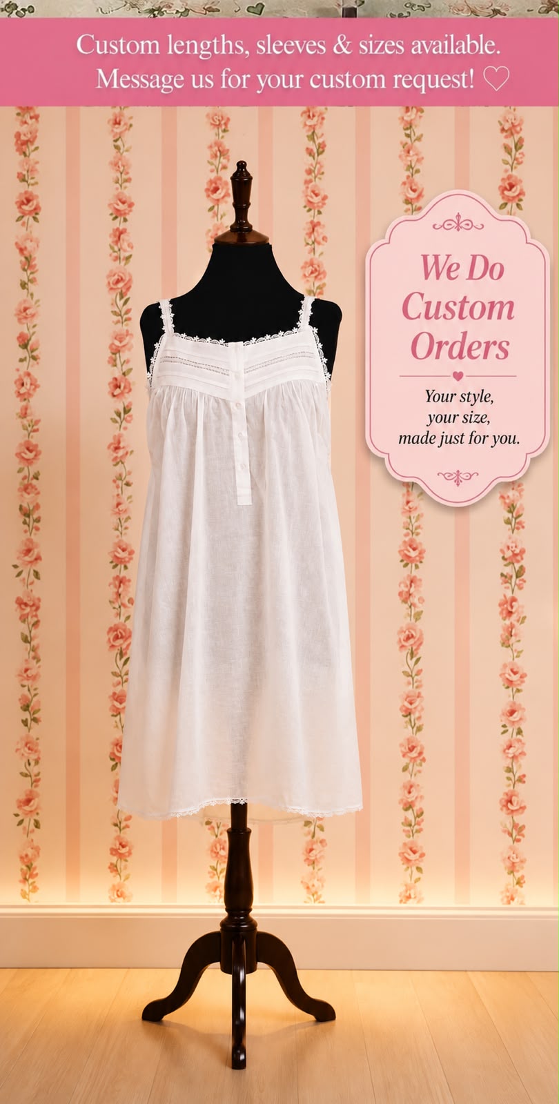 SoieRose Victorian Sleeveless Cotton Nightgown with Lace Trim & Spaghetti Straps - SR-1083