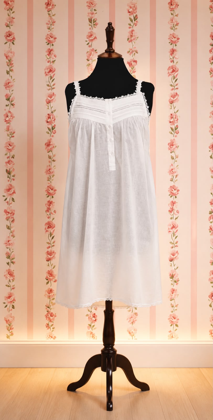 SoieRose Victorian Sleeveless Cotton Nightgown with Lace Trim & Spaghetti Straps - SR-1083